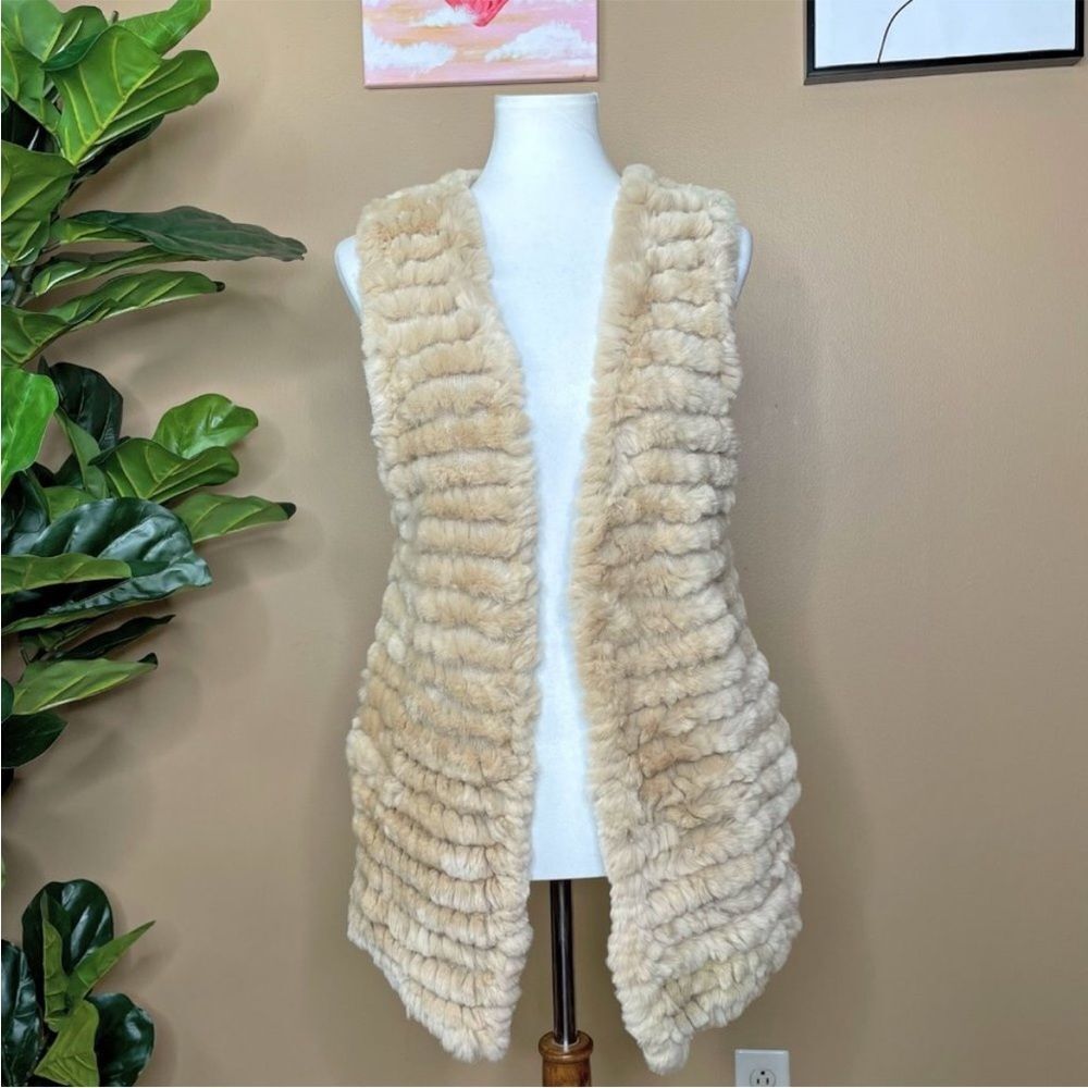 Adrienne Landau Quilted Rabbit Fur Vest in Beige Size Small V-Neck NWT Wool